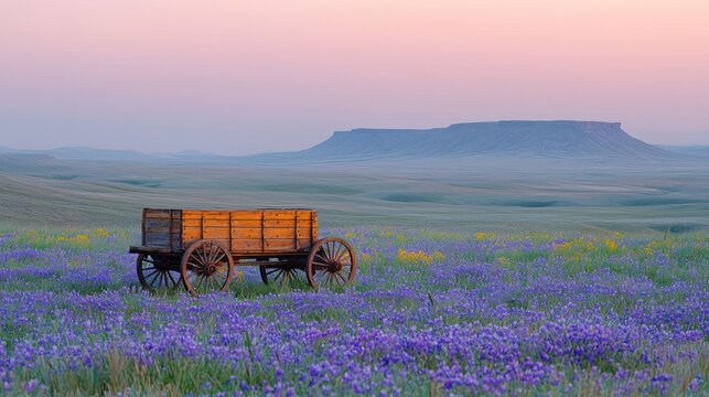Old wooden wagon in a vast flower-filled prairie landscape at sunrise.  A hazy, pastel sunrise colors the sky and distant mesa