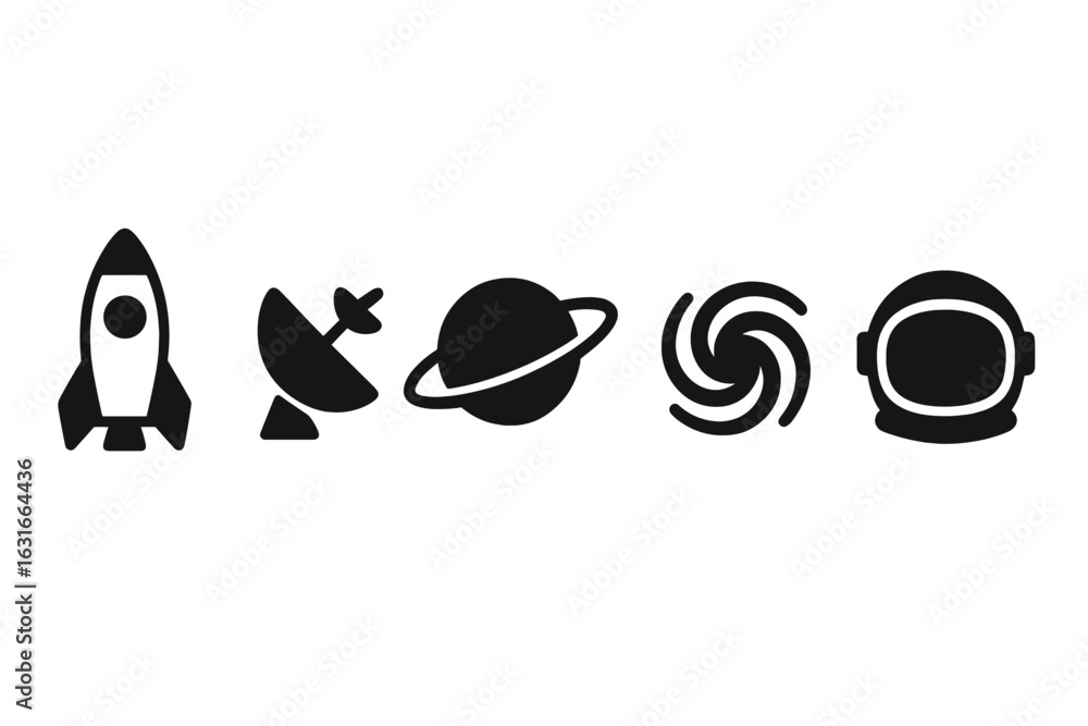 Poster various space-themed icons representing exploration, technology, and celestial objects in a minimali