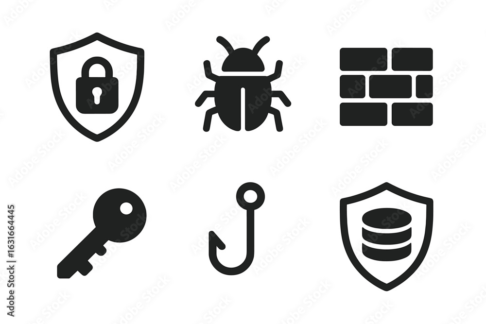 Poster security icons representing various aspects of cybersecurity such as locks, bugs, and firewalls for 