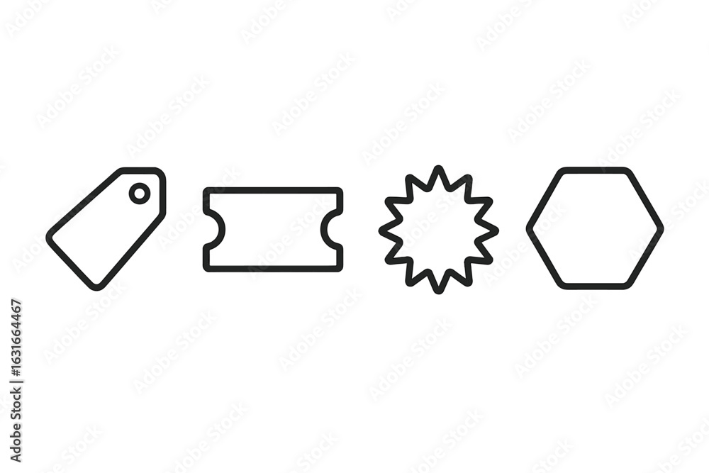 Poster various geometric shapes representing labels, tickets, and design elements for creative projects and