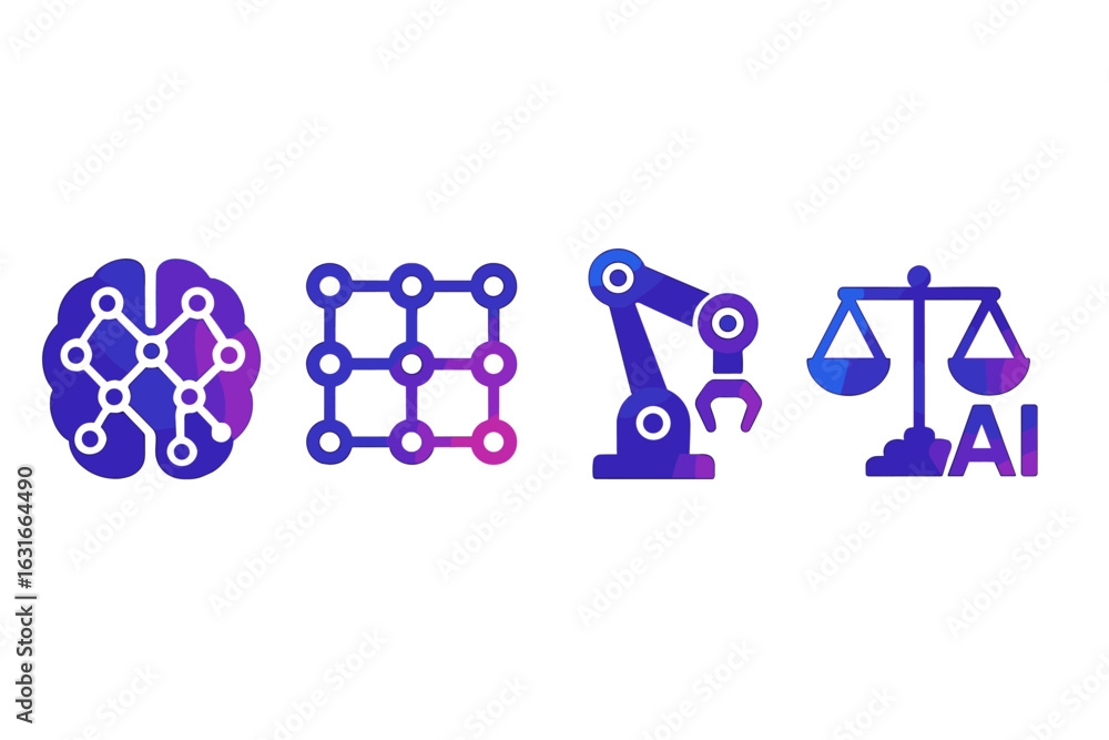 Poster modern concepts of artificial intelligence represented through graphical symbols showcasing brain, n