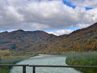 Scenic mountain river landscape with cloudy sky in the Ukrainian Carpathians, autumn season.
