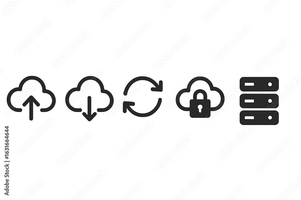 Poster cloud computing icons representing upload, download, sync, security, and data storage processes in d