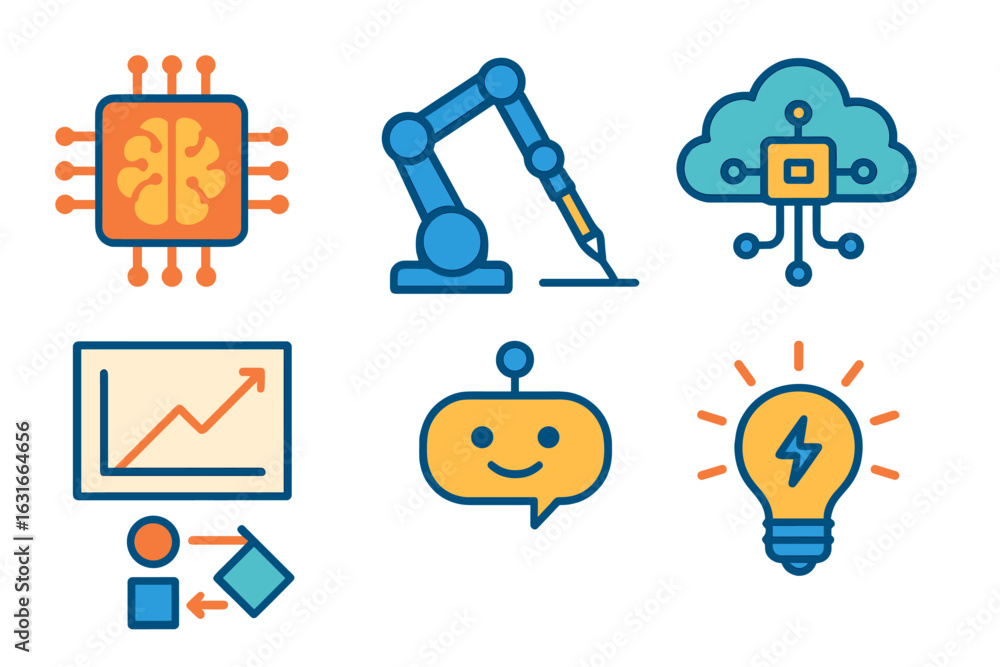 Poster technology icons illustrating artificial intelligence, data analysis, and automation in modern indus