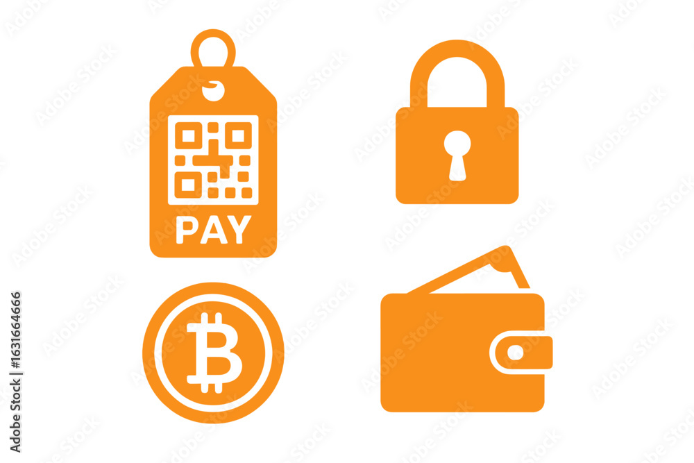 Poster digital payment concepts featuring qr code, cryptocurrency wallet, and security lock icons in a mini