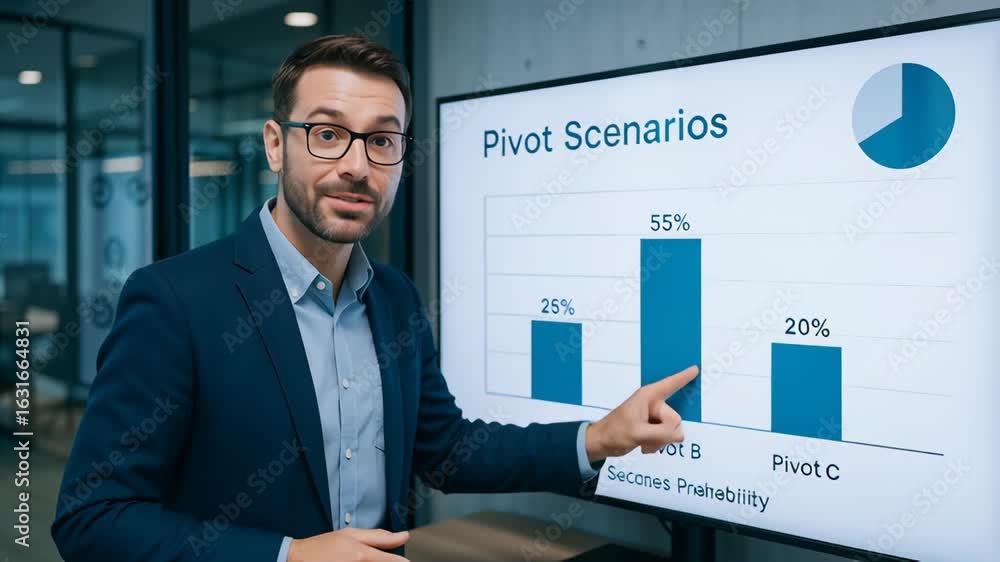 Poster business professional presentation pivot scenarios with clear data charts and graphs explaining inno