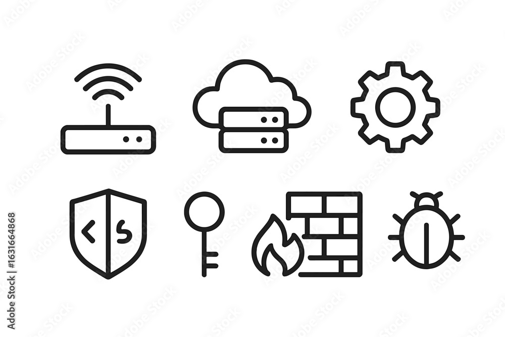 Poster network and cybersecurity icons showcasing essential elements for modern technology infrastructure a