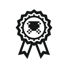 Monochrome pixelated robot award has a badgelike shape on a white background