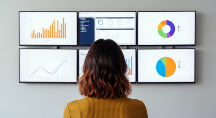 Businesswoman analyzing financial data on a multi-monitor computer setup displaying graphs and charts in a modern office.