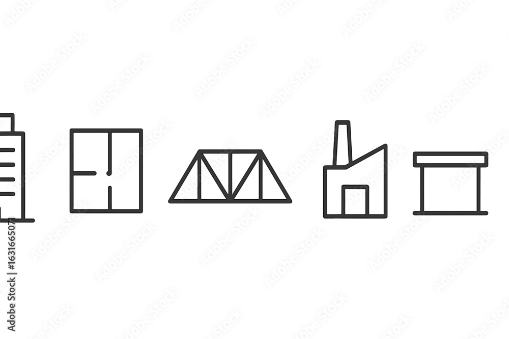 Poster building design elements showcasing various architectural structures including a factory, a warehous