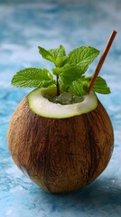 Refreshing Coconut Water in Young Coconut with Straw and Mint