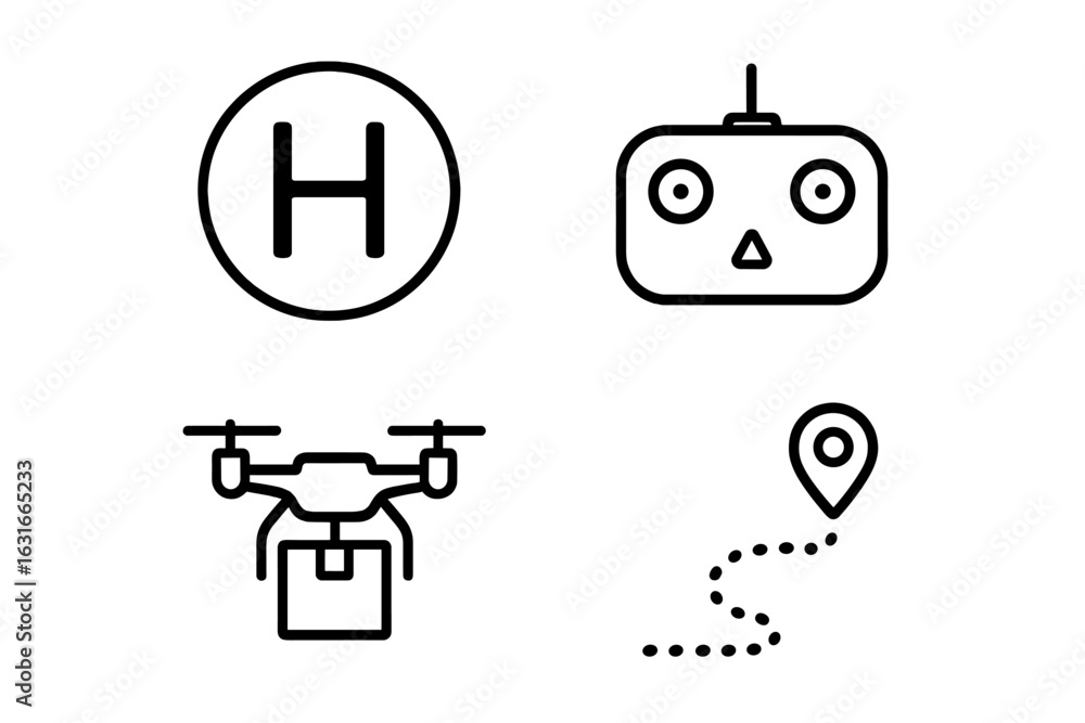 Poster drone delivery system icons depicting technology for package transportation and navigation
