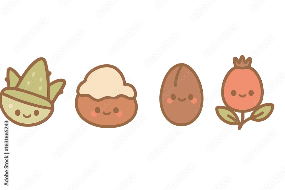 Poster cute cartoon characters representing various food items with smiling faces and delightful expression