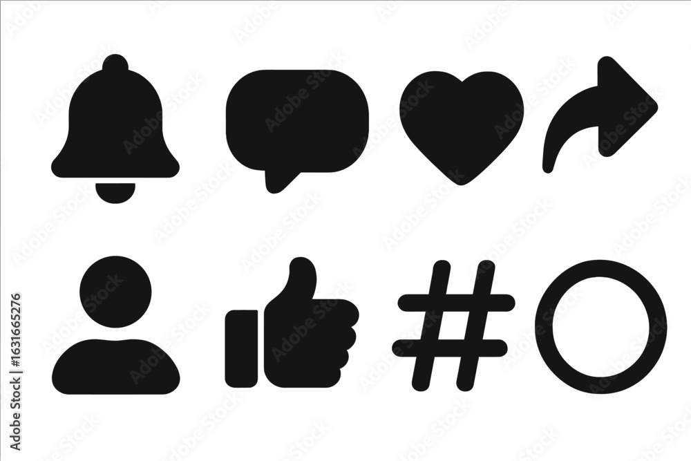 Aufkleber icons representing social media interactions and notifications in a minimalistic design layout, suit