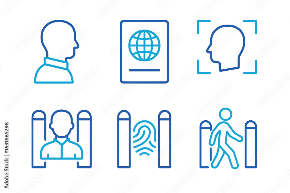 Poster passport control process illustrating various identification methods at an international airport in 