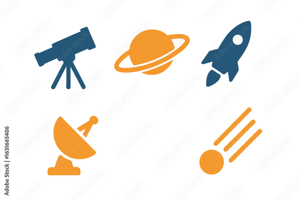 Poster tools and symbols representing space exploration and astronomy using vibrant colors and simple desig