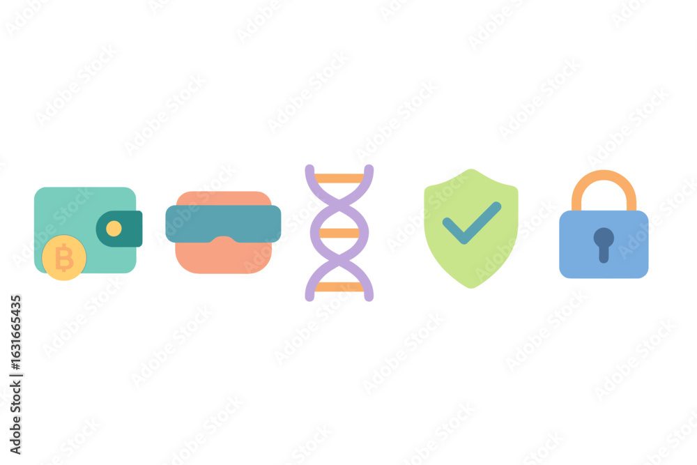 Poster digital symbols representing financial technology, security, and biotechnology concepts in a modern 