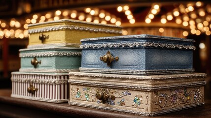 Stacked decorative boxes in pastel colors, adorned with trims and embellishments, displayed on a wooden surface against a blurred background of fairy lights