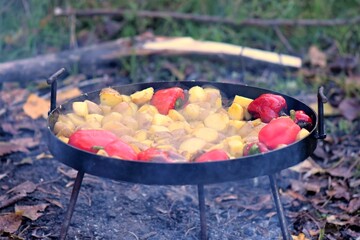 Cooking vegetables on the fire in the forest in autumn. Selective focus