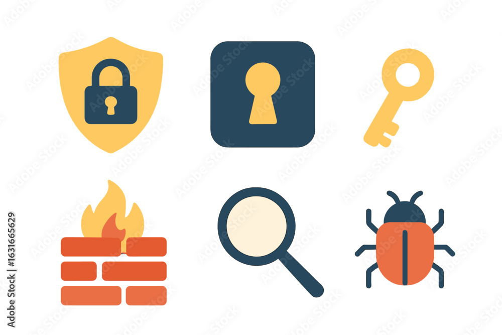 Poster security symbols representing various aspects of digital protection and cybersecurity measures used 