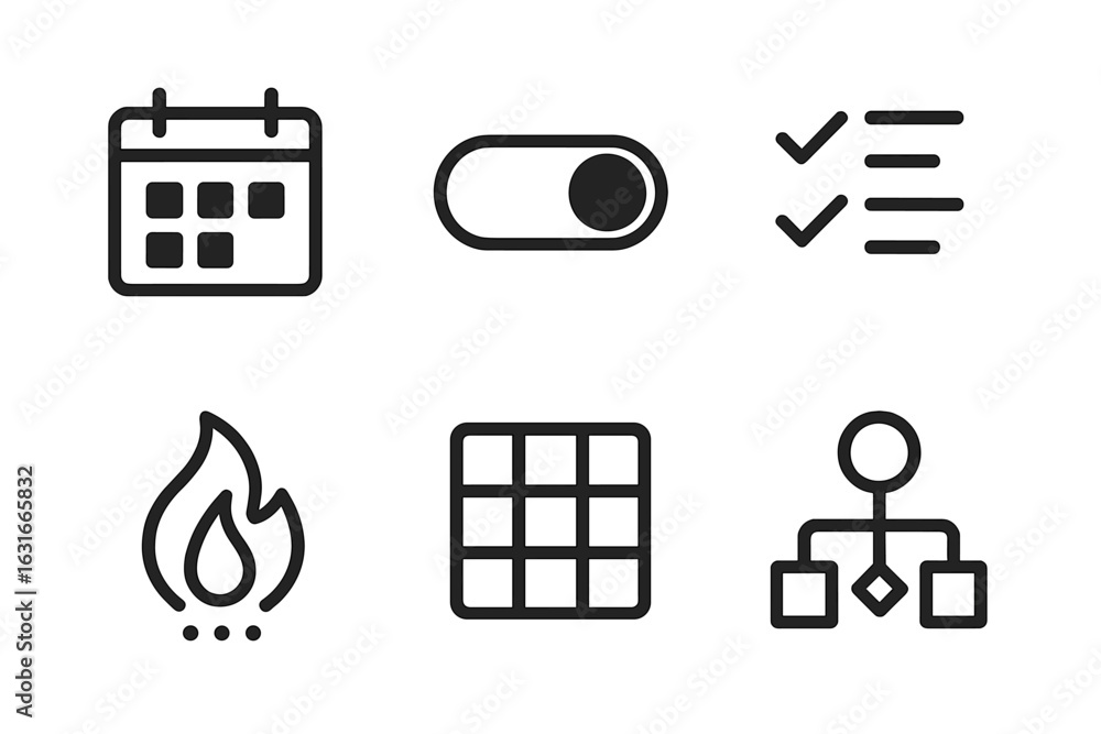 Poster calendar, toggle switch, checklist, flame, grid, and flowchart symbols arranged in a grid pattern on