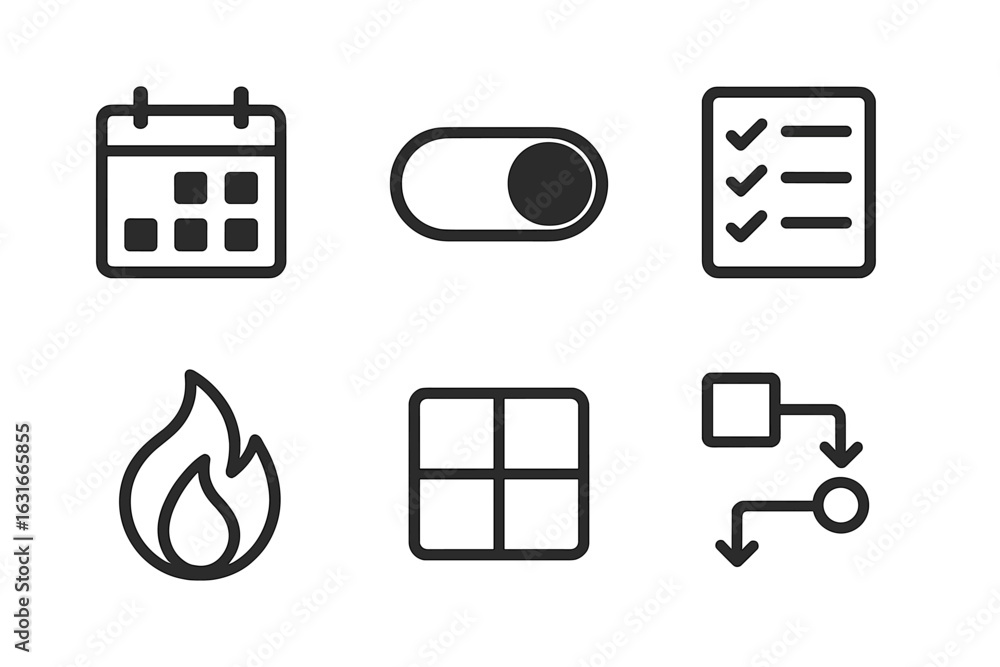 Aufkleber vector icons representing various concepts such as scheduling, options, checklists, fire, grid layou