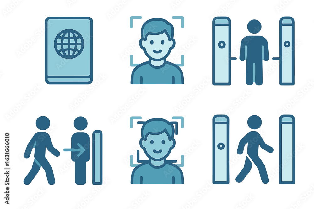Poster passport control process involving facial recognition and identity verification at an airport securi