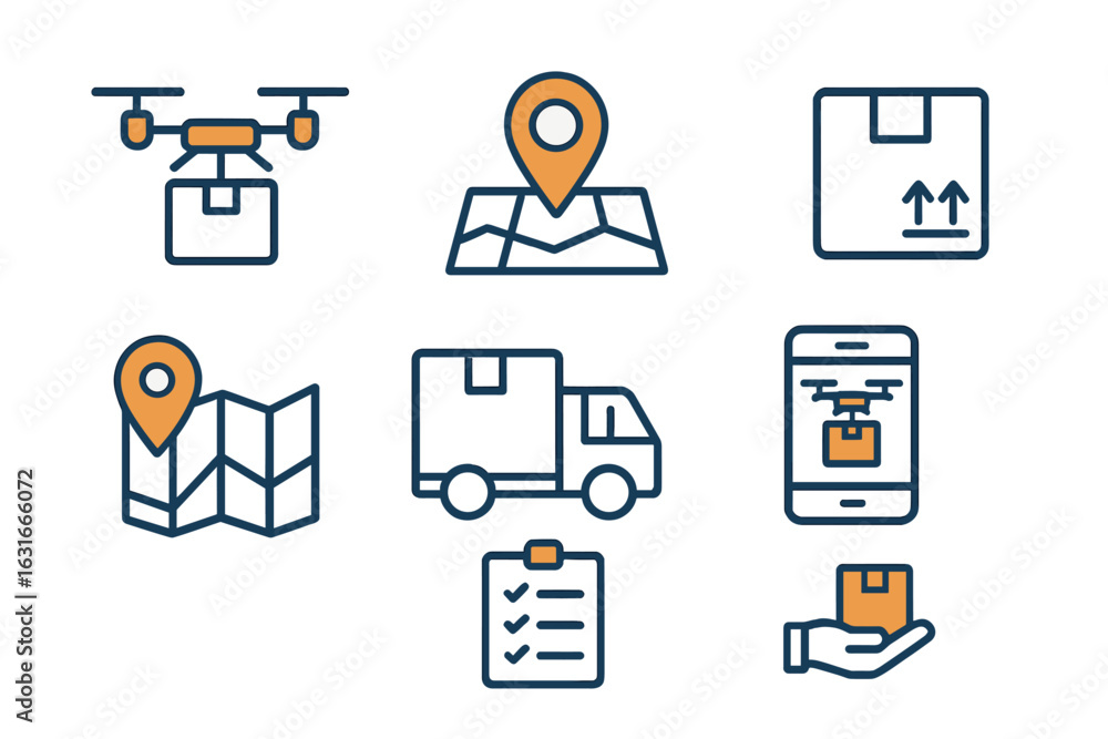Poster delivery systems utilize drones, maps, and mobile devices for efficient shipping logistics and track
