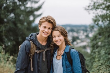 Fototapeta premium young couple, traveling together, adventure journey, nature backdrop. Generative AI