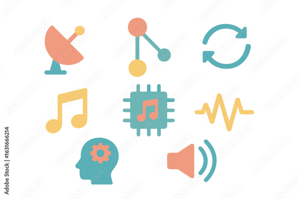 Poster exploring technology concepts through colorful icons representing communication, sound, and connecti