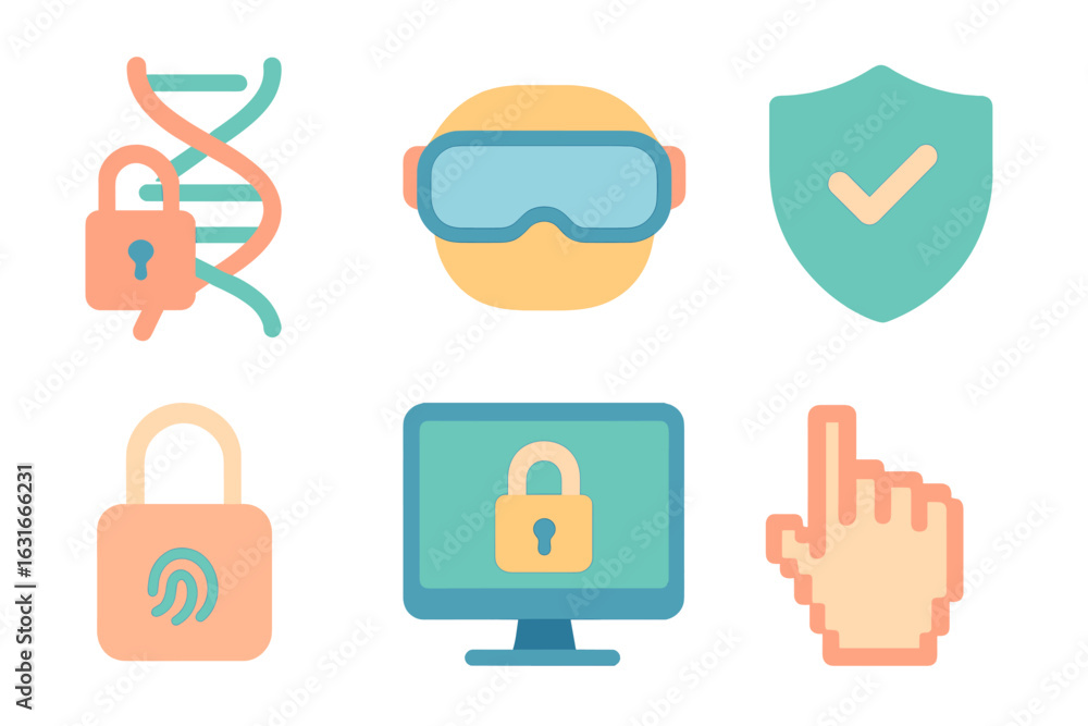 Poster illustrations representing modern cybersecurity and biotechnology concepts in a digital style