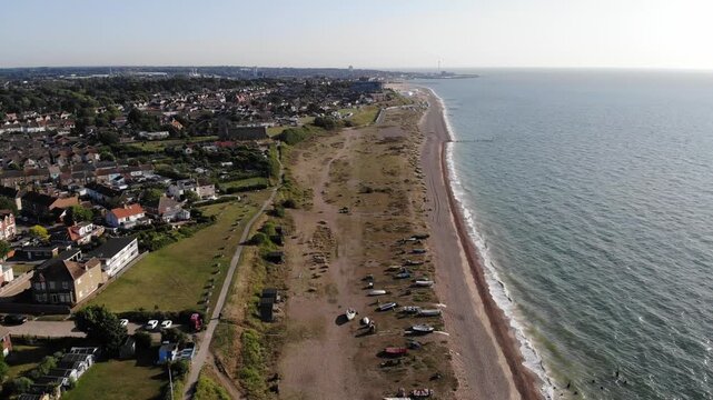 Rising drone shot of Lowestoft Beach in Suffolk, UK. 21.06.25