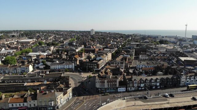 Reveal drone shot of Lowestoft Town in Suffolk, UK. 21.06.25
