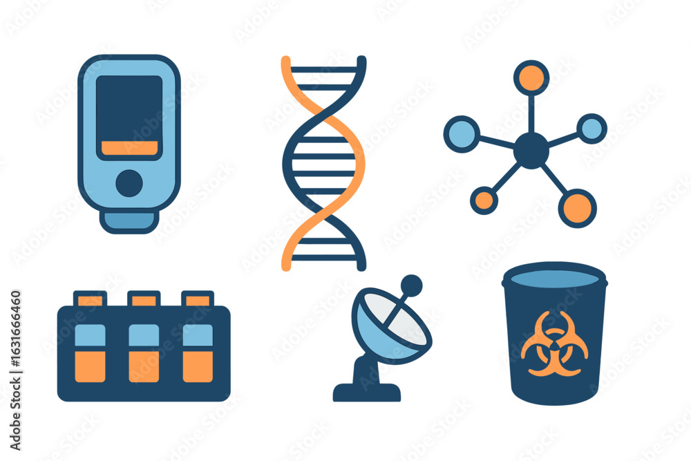 Aufkleber health and science icons representing various technologies and research fields related to biotechnol