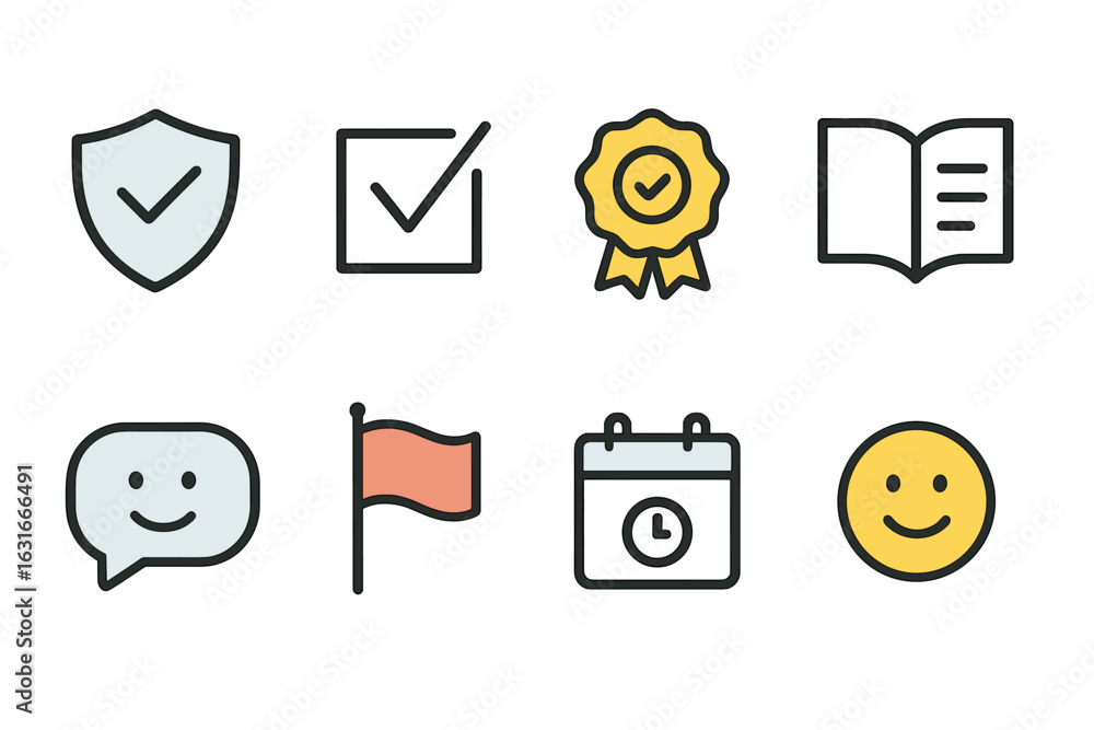 Poster collection of icons representing various concepts such as security, achievement, communication, and 