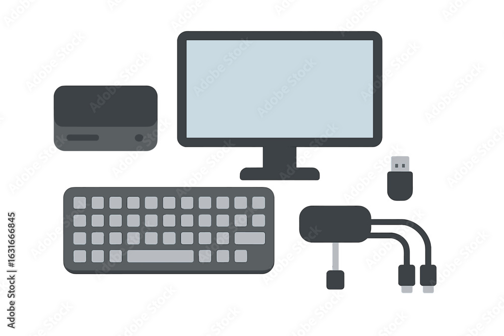 Poster computer setup with monitor, keyboard, and cables organized for a workspace environment