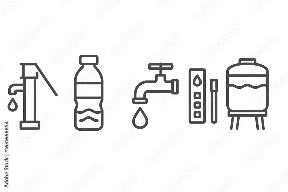 Poster various water sources and testing equipment representing water scarcity and quality issues in differ