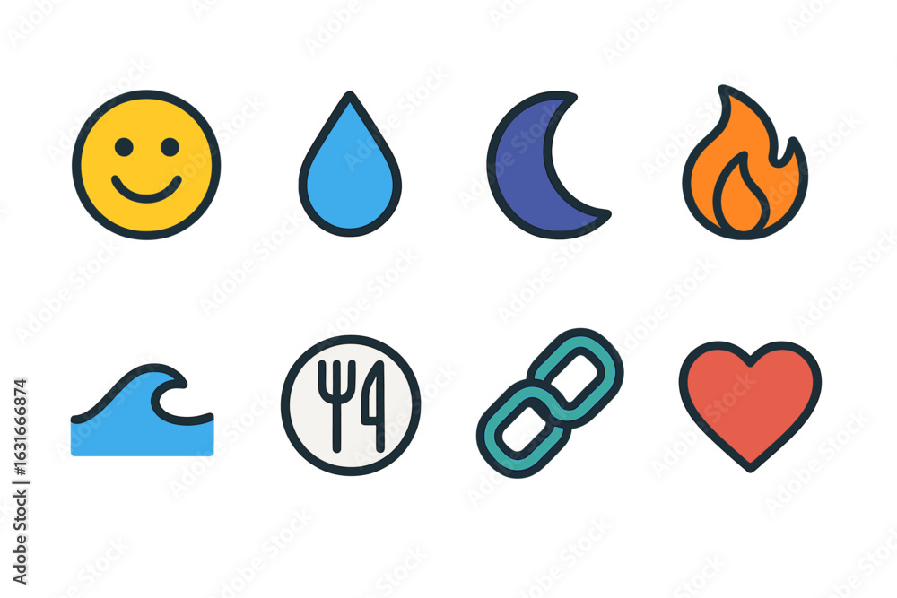 Poster symbols representing emotions and elements in a colorful design suitable for various digital applica