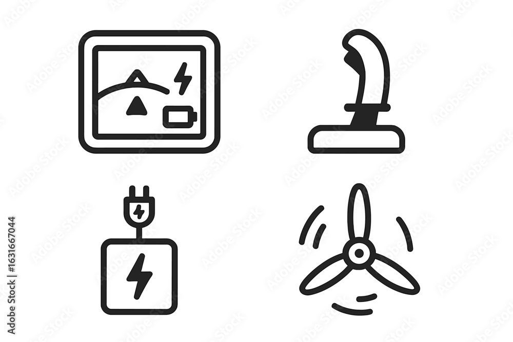 Poster illustration showing various components of a drone including a battery indicator, remote controller,