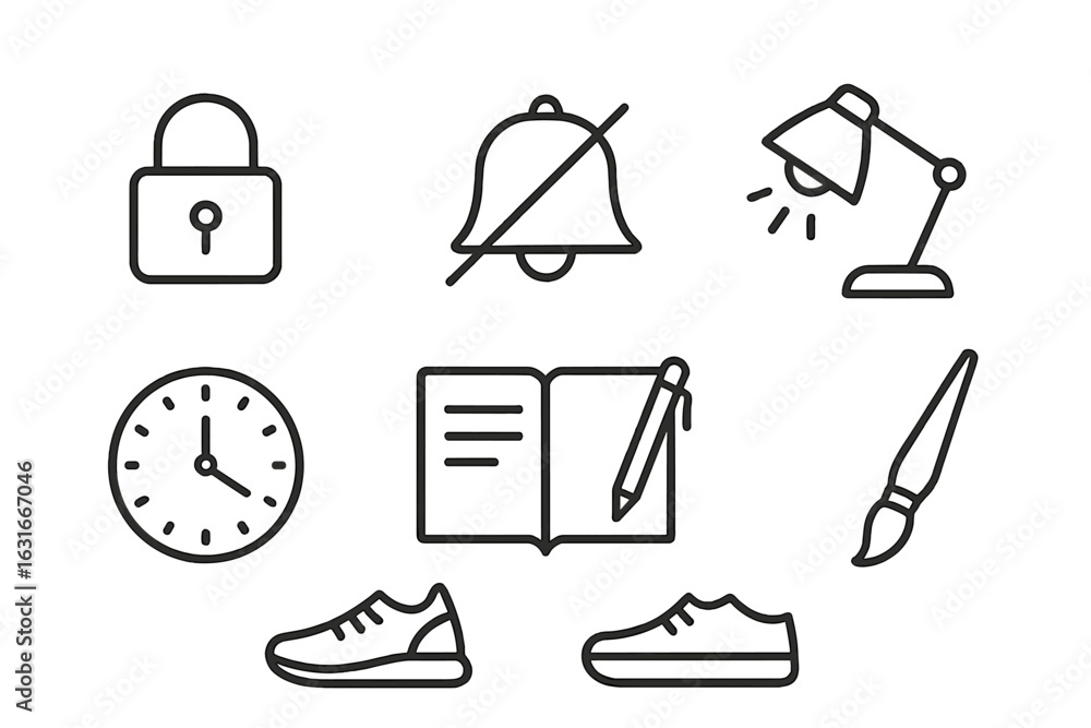 Poster various icons representing productivity tools and study elements for organizing tasks and time manag