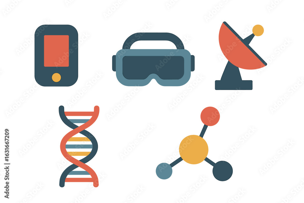 Poster exploration of technology and science concepts showcasing devices and elements of modern research in