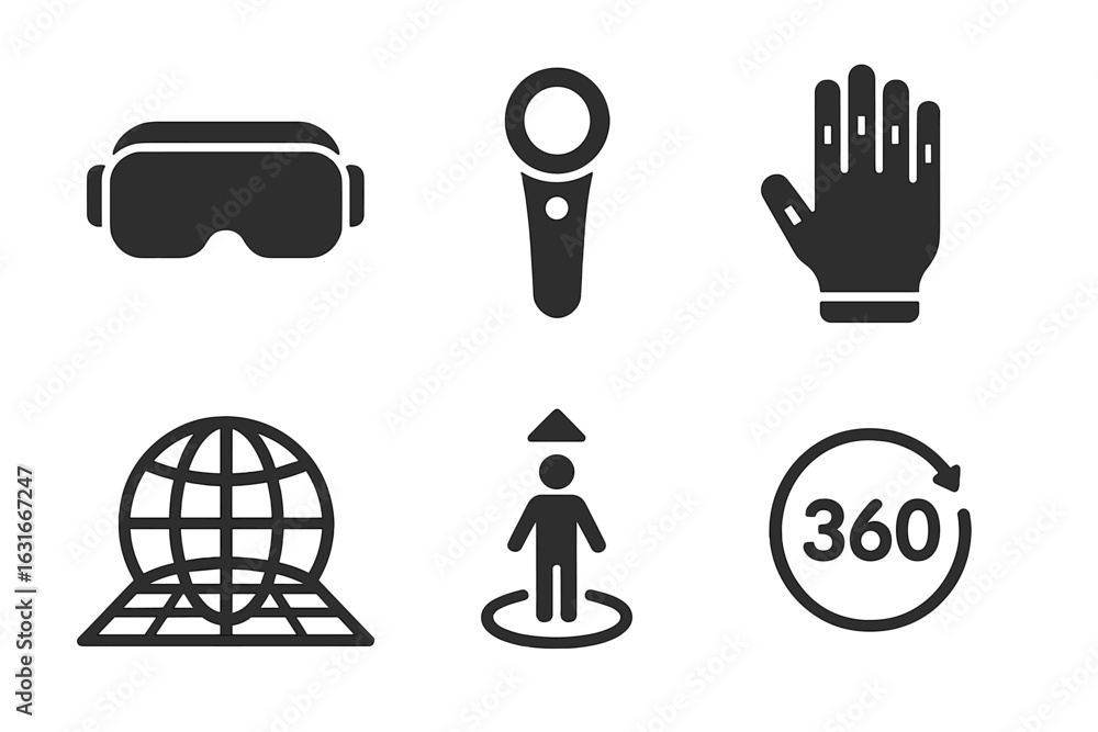 Poster exploring virtual reality technology with headsets and hand-tracking devices in an immersive environ