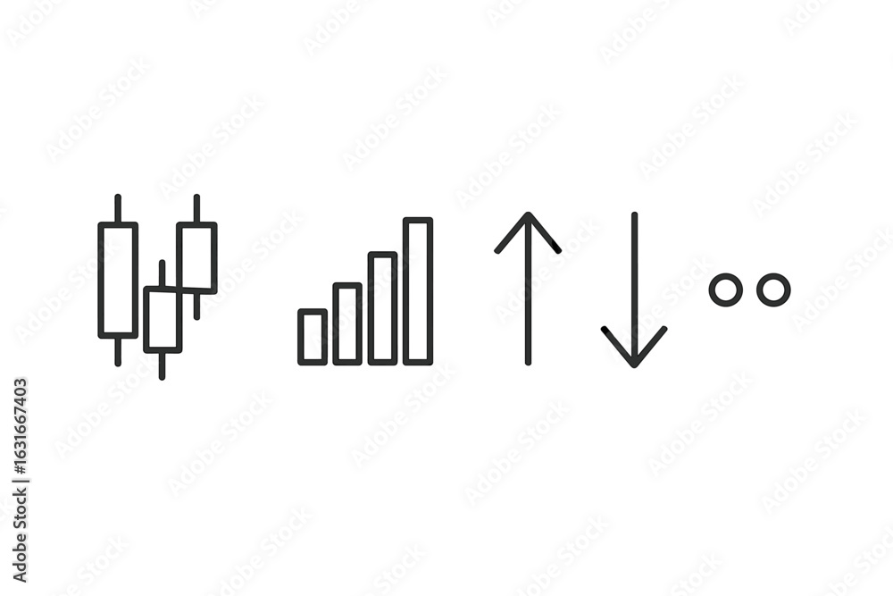 Poster financial data visualization showing candlestick patterns, bar graphs, and directional arrows during