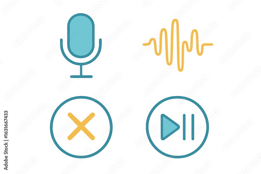 Poster icons representing audio features including microphone, sound wave, and playback controls in a moder