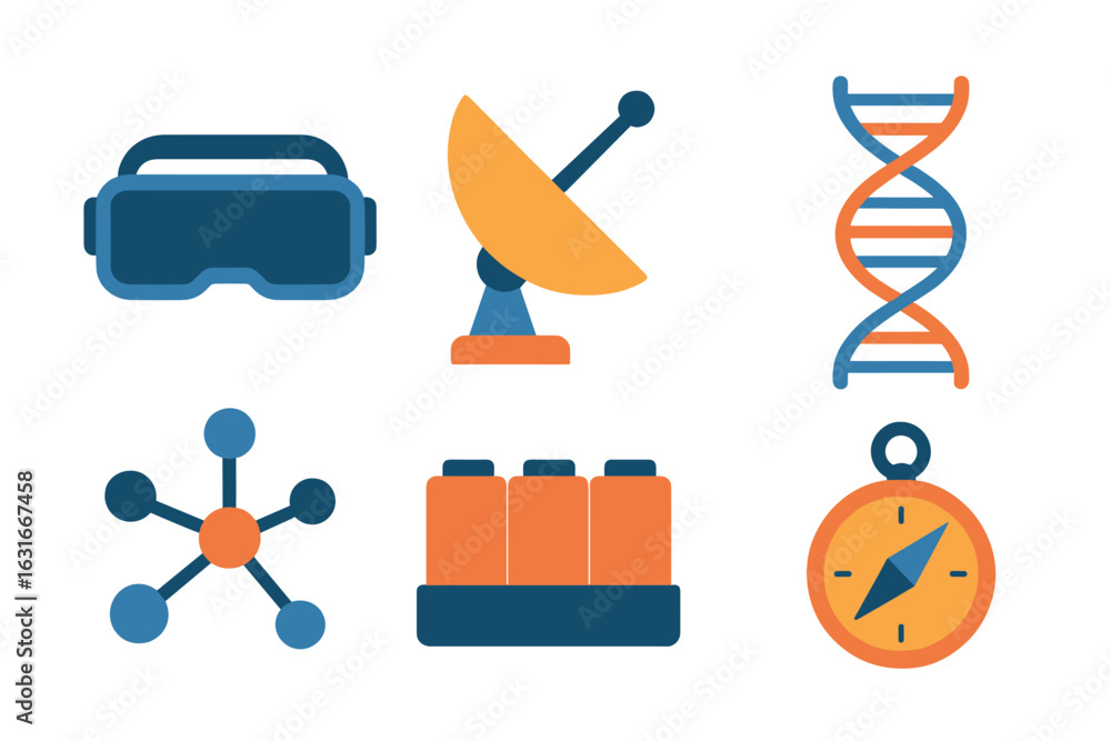 Poster technology symbols representing various fields of science and innovation in bright colors