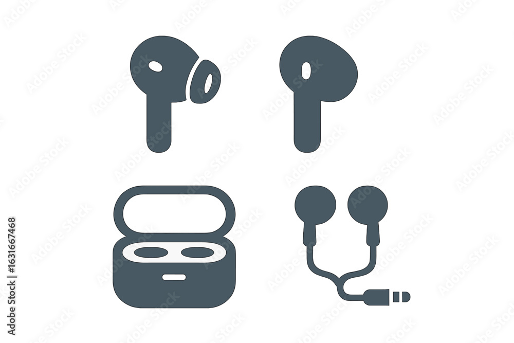 Poster different types of earphones displayed including wireless and wired models with charging case