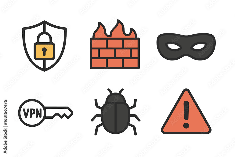 Poster collection of security icons representing various aspects of cybersecurity and digital safety measur