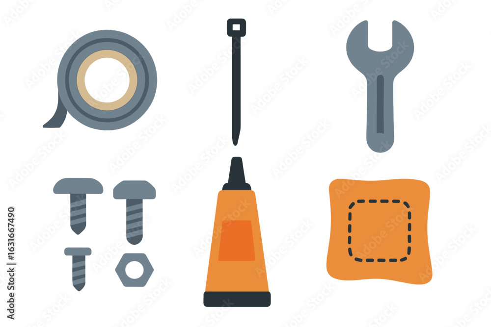 Poster various tools and materials arranged for a repair project in a workshop setting
