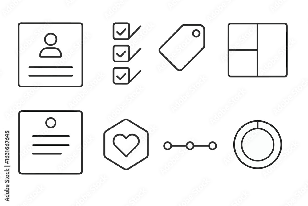 Poster icons representing various elements of user profiles, checklists, and data organization in a digital