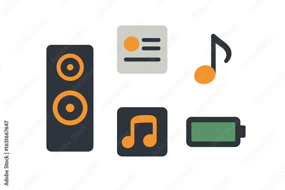 Poster elements of music and audio represented through simple icons on a digital platform